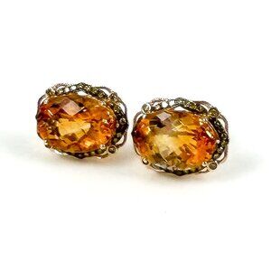 14k Yellow Gold Faceted Oval Citrine w/ Champagne Diamond Halo Post Earrings